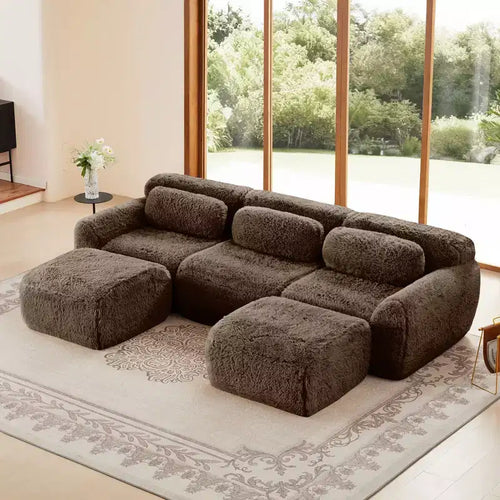 114.6 inch Brown U-shaped Boneless Sectional Sofa with Throw Pillows and 2 Ottomans 32D High Density Sponge for Living Rooms