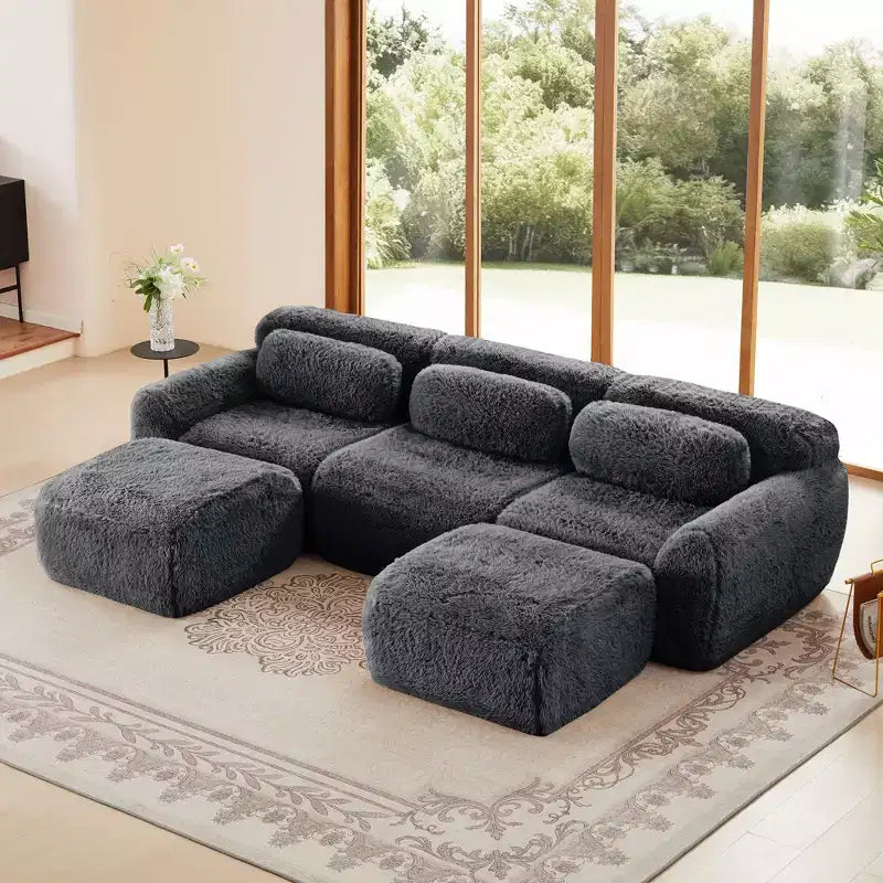 Divano componibile senza struttura a U marrone da 114.6 pollici con cuscini decorativi e 2 pouf, spugna ad alta densità 32D per soggiorni