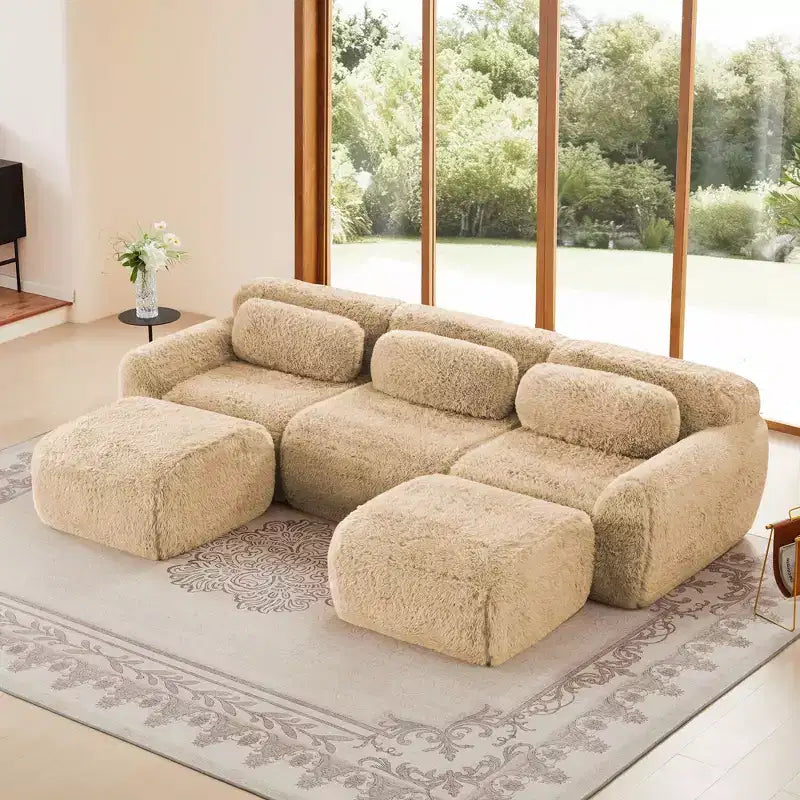 Divano componibile senza struttura a U marrone da 114.6 pollici con cuscini decorativi e 2 pouf, spugna ad alta densità 32D per soggiorni
