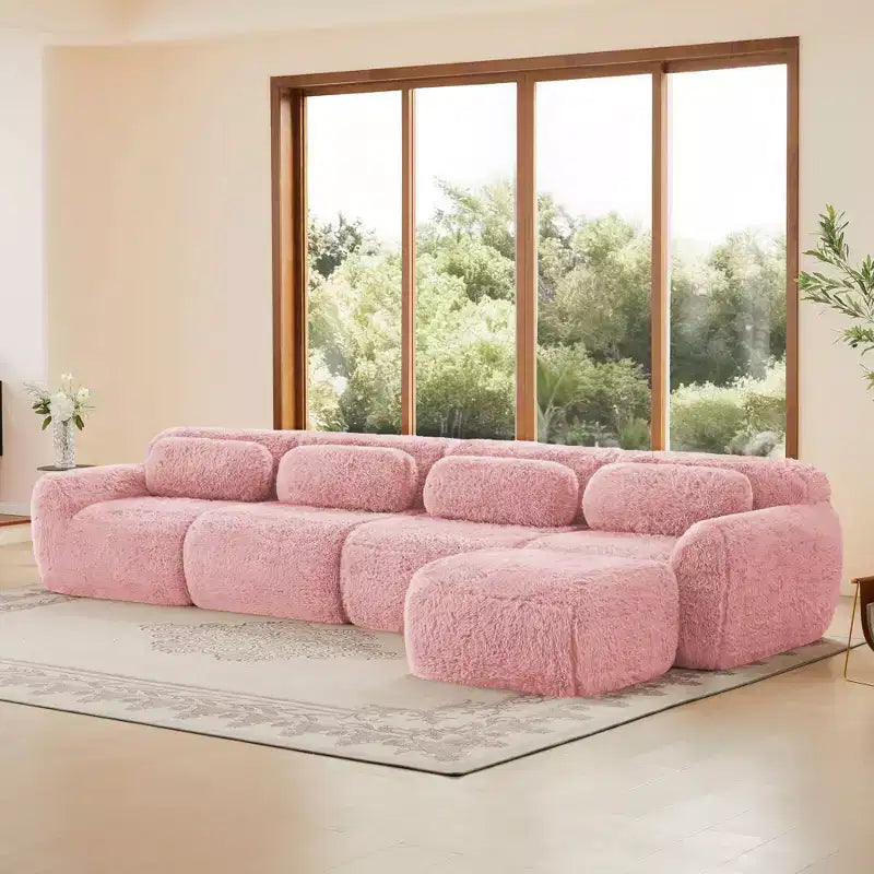 Divano componibile ad angolo in tessuto felpato da 149 pollici, colore kaki chiaro, con cuscini decorativi e pouf (connessione a fibbia)