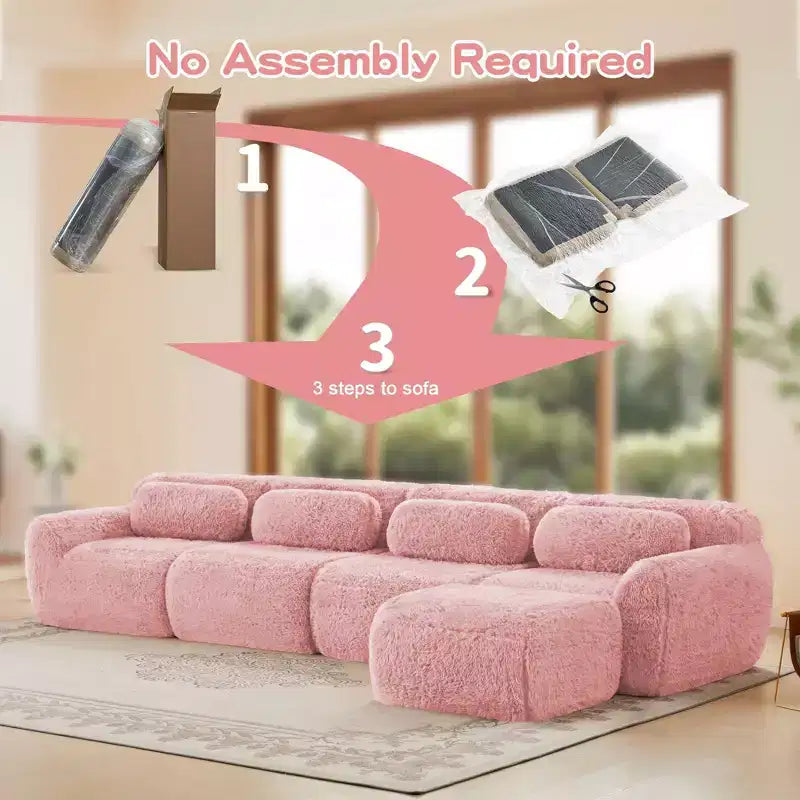 Divano componibile ad angolo in tessuto felpato da 149 pollici, colore kaki chiaro, con cuscini decorativi e pouf (connessione a fibbia)