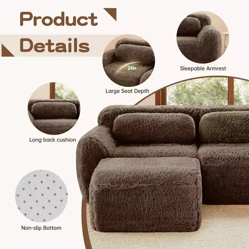 Divano componibile ad angolo in tessuto felpato da 149 pollici, colore kaki chiaro, con cuscini decorativi e pouf (connessione a fibbia)