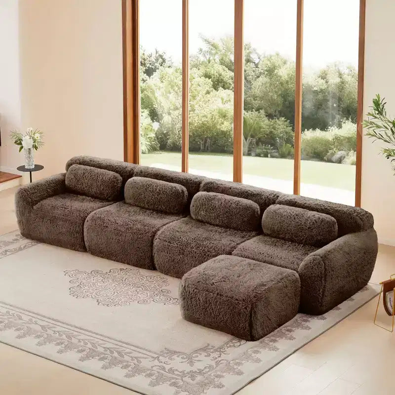 Divano componibile ad angolo in tessuto felpato da 149 pollici, colore kaki chiaro, con cuscini decorativi e pouf (connessione a fibbia)