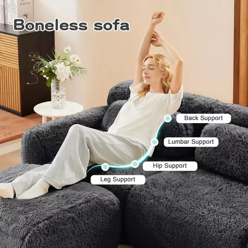 Divano componibile a U Boneless in tessuto peluche color cachi chiaro da 149 pollici con cuscini e 2 pouf (connessione a fibbia)