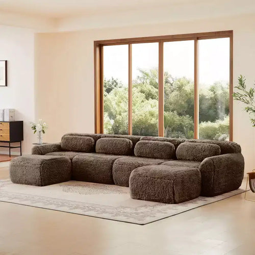 Divano componibile senza struttura a U da 149 pollici in tessuto morbido color cachi chiaro, con cuscini decorativi e 2 pouf (connessione con fibbie)