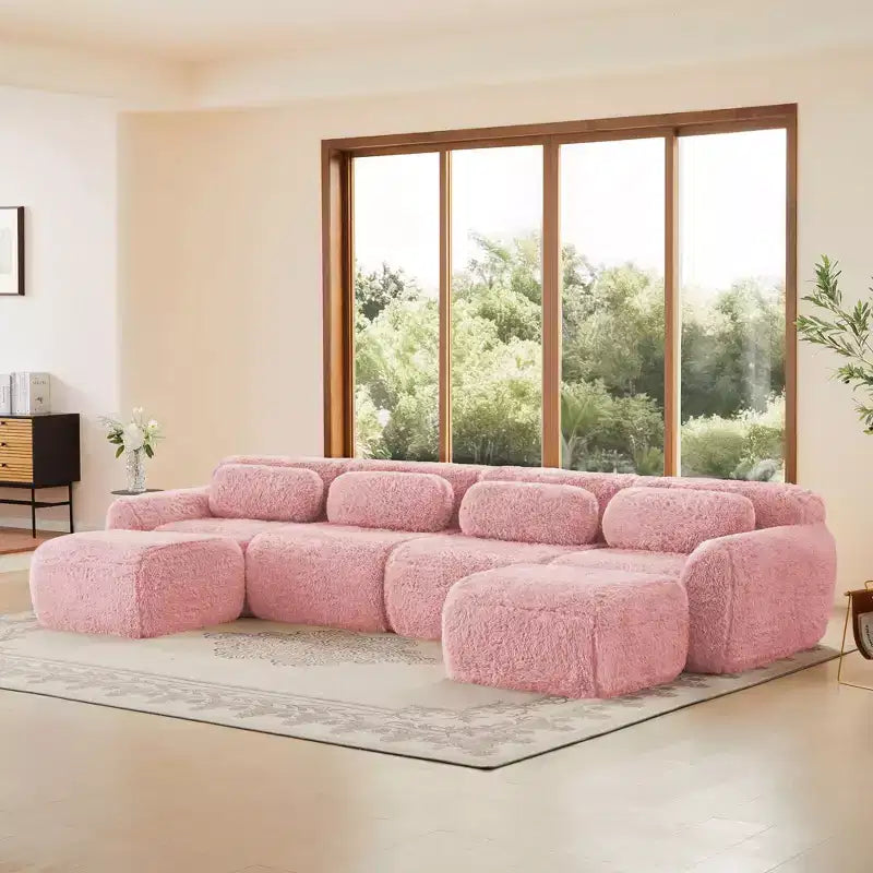 Divano componibile a U Boneless in tessuto peluche color cachi chiaro da 149 pollici con cuscini e 2 pouf (connessione a fibbia)