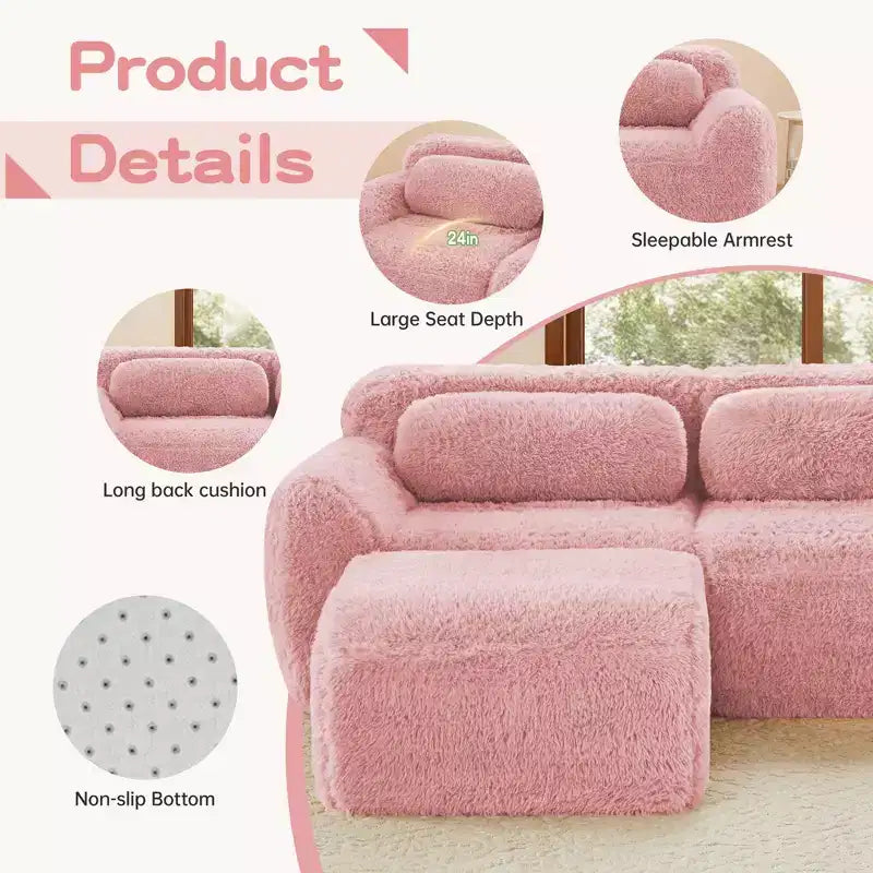 Divano componibile a U Boneless in tessuto peluche color cachi chiaro da 149 pollici con cuscini e 2 pouf (connessione a fibbia)