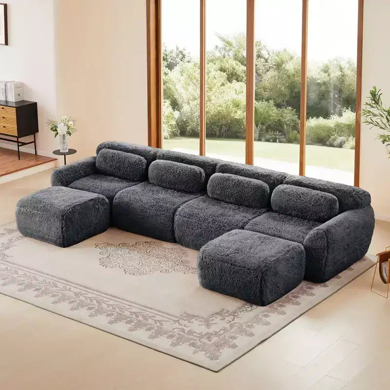 Divano componibile senza struttura a U da 149 pollici in tessuto morbido color cachi chiaro, con cuscini decorativi e 2 pouf (connessione con fibbie)