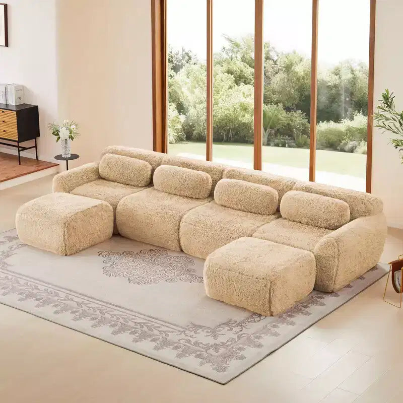149 inch Light Khaki U-shaped Plush Fabric Boneless Sectional Sofa Couches with Throw Pillows and 2 Ottomans ( Buckle Connection)