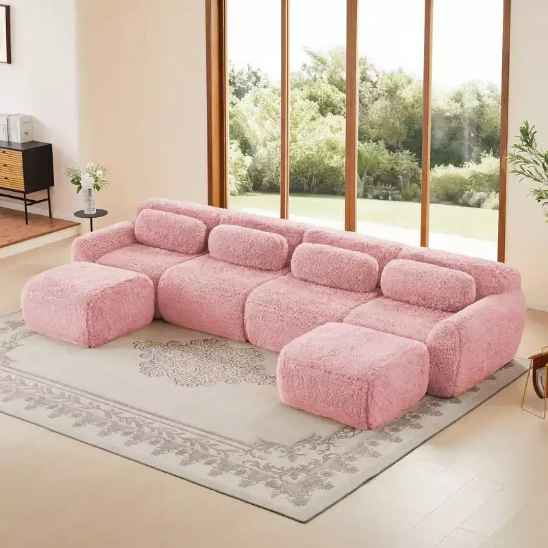 Divano componibile senza struttura a U da 149 pollici in tessuto morbido color cachi chiaro, con cuscini decorativi e 2 pouf (connessione con fibbie)