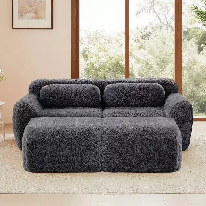 Divano componibile in tessuto felpato color kaki chiaro da 80,3 pollici con cuscini decorativi e 2 pouf, spugna ad alta densità 32D