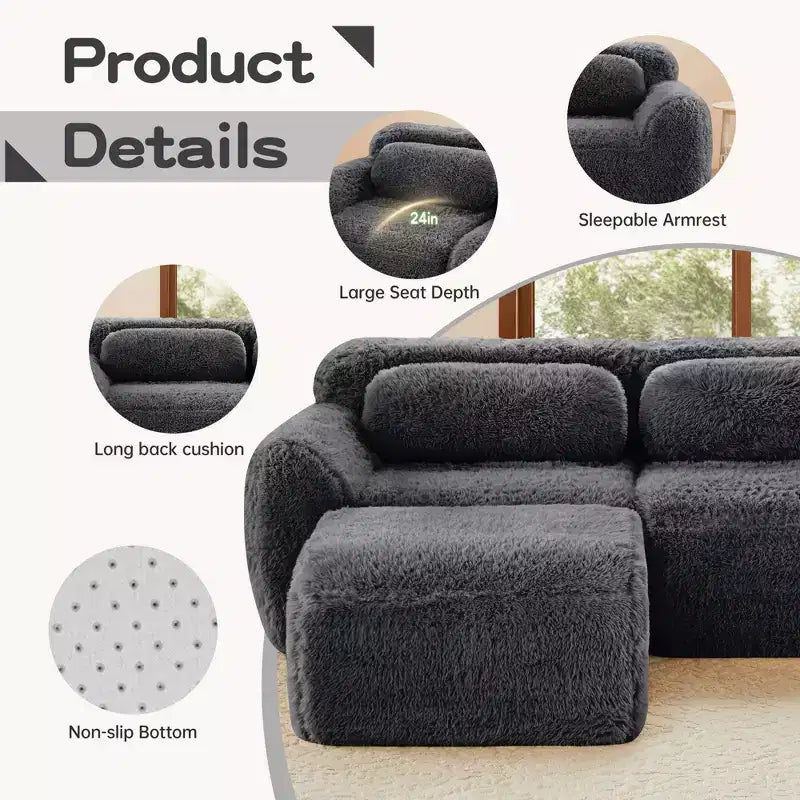 Divano componibile in tessuto felpato color kaki chiaro da 80,3 pollici con cuscini decorativi e 2 pouf, spugna ad alta densità 32D