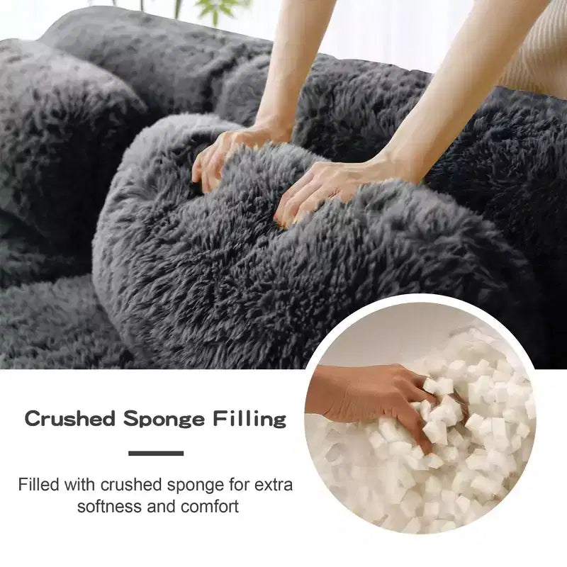 Divano componibile in tessuto felpato color kaki chiaro da 80,3 pollici con cuscini decorativi e 2 pouf, spugna ad alta densità 32D