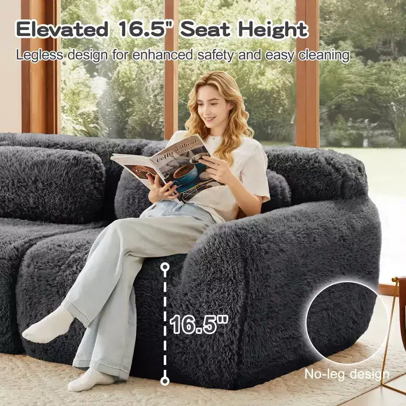 Divano componibile in tessuto felpato color kaki chiaro da 80,3 pollici con cuscini decorativi e 2 pouf, spugna ad alta densità 32D