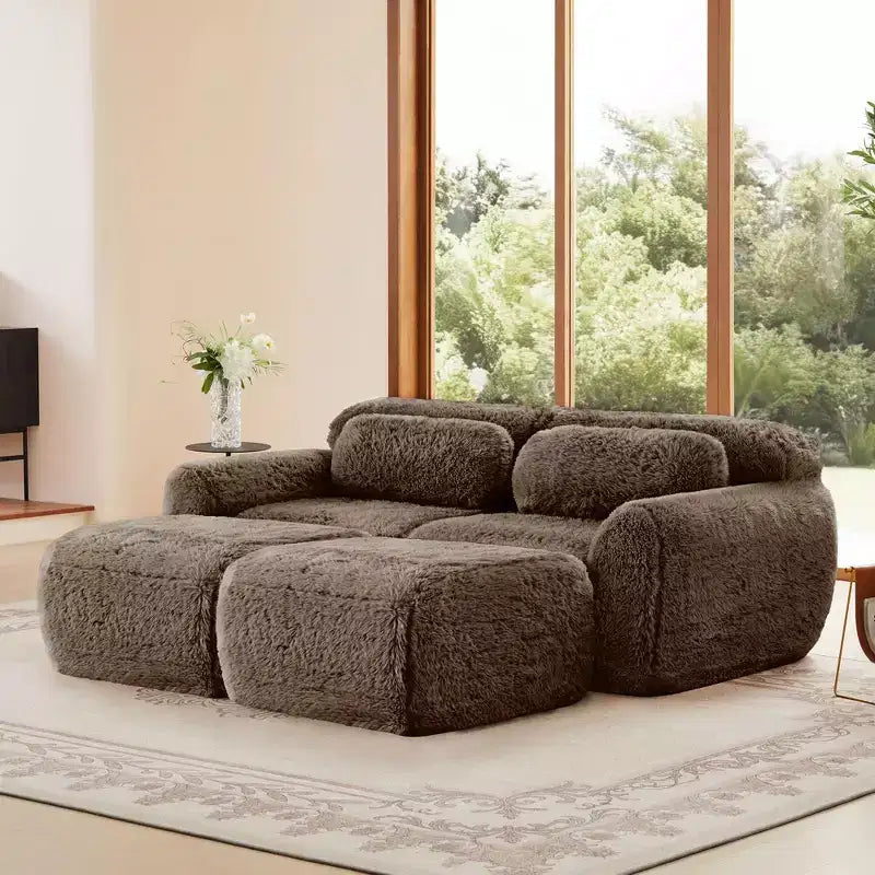 Divano componibile in tessuto felpato color kaki chiaro da 80,3 pollici con cuscini decorativi e 2 pouf, spugna ad alta densità 32D