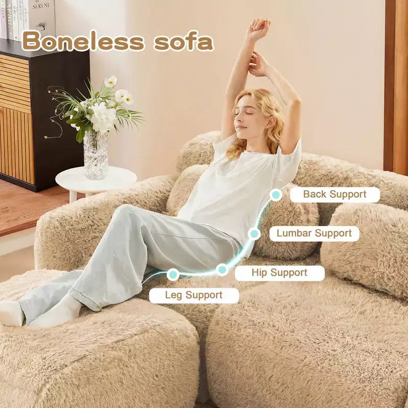 Divano componibile in tessuto felpato color kaki chiaro da 80,3 pollici con cuscini decorativi e 2 pouf, spugna ad alta densità 32D