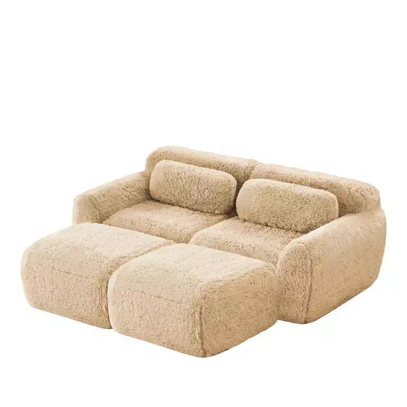 Divano componibile in tessuto felpato color kaki chiaro da 80,3 pollici con cuscini decorativi e 2 pouf, spugna ad alta densità 32D