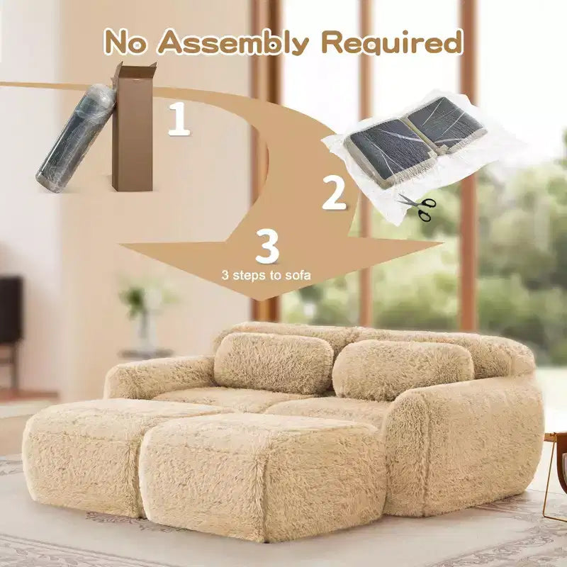 Divano componibile in tessuto felpato color kaki chiaro da 80,3 pollici con cuscini decorativi e 2 pouf, spugna ad alta densità 32D
