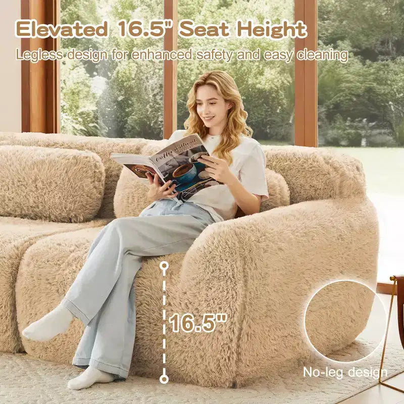 Divano componibile in tessuto felpato color kaki chiaro da 80,3 pollici con cuscini decorativi e 2 pouf, spugna ad alta densità 32D