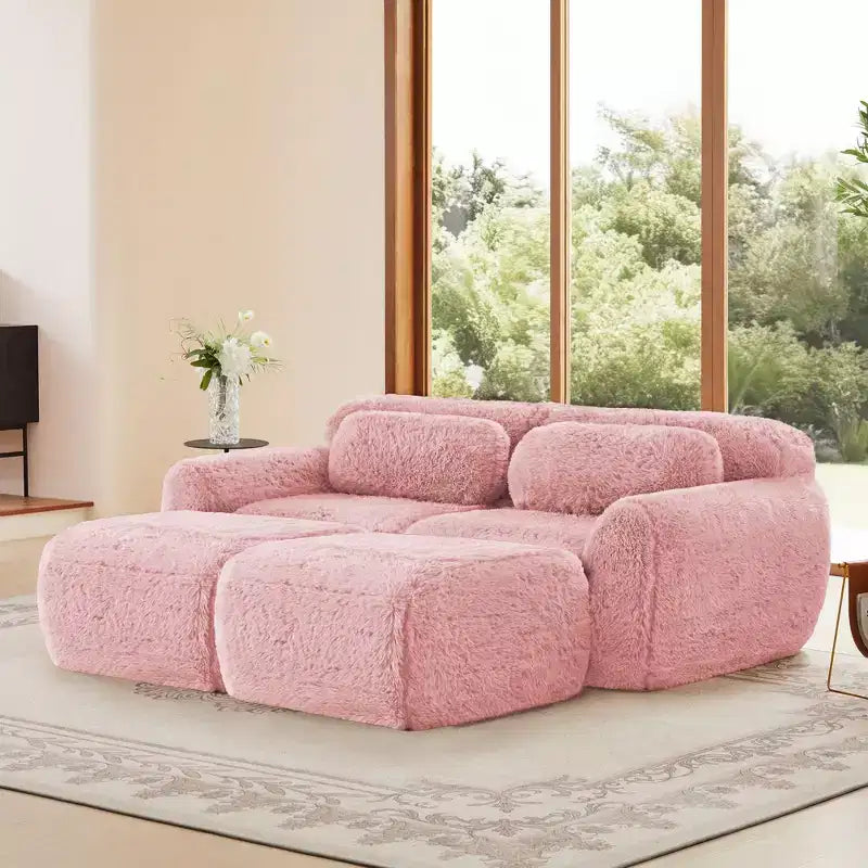 Divano componibile in tessuto felpato color kaki chiaro da 80,3 pollici con cuscini decorativi e 2 pouf, spugna ad alta densità 32D