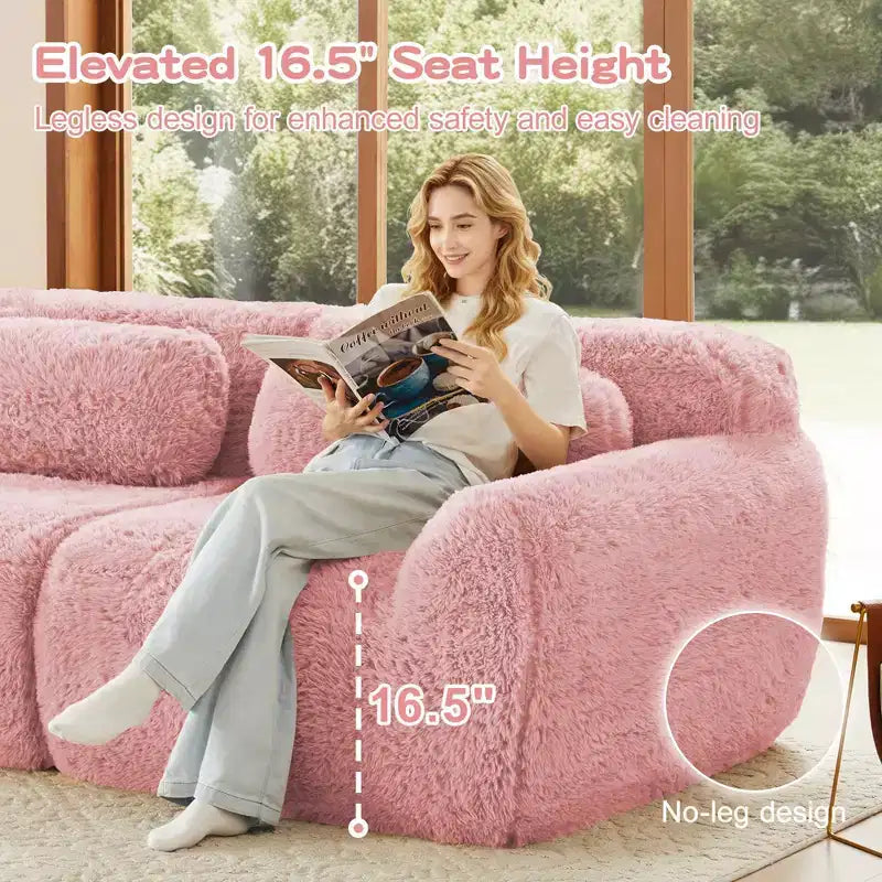 Divano componibile in tessuto felpato color kaki chiaro da 80,3 pollici con cuscini decorativi e 2 pouf, spugna ad alta densità 32D