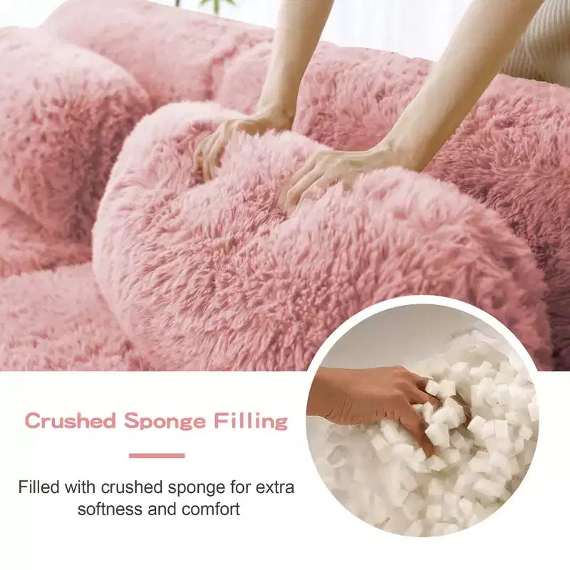 Divano componibile in tessuto felpato color kaki chiaro da 80,3 pollici con cuscini decorativi e 2 pouf, spugna ad alta densità 32D
