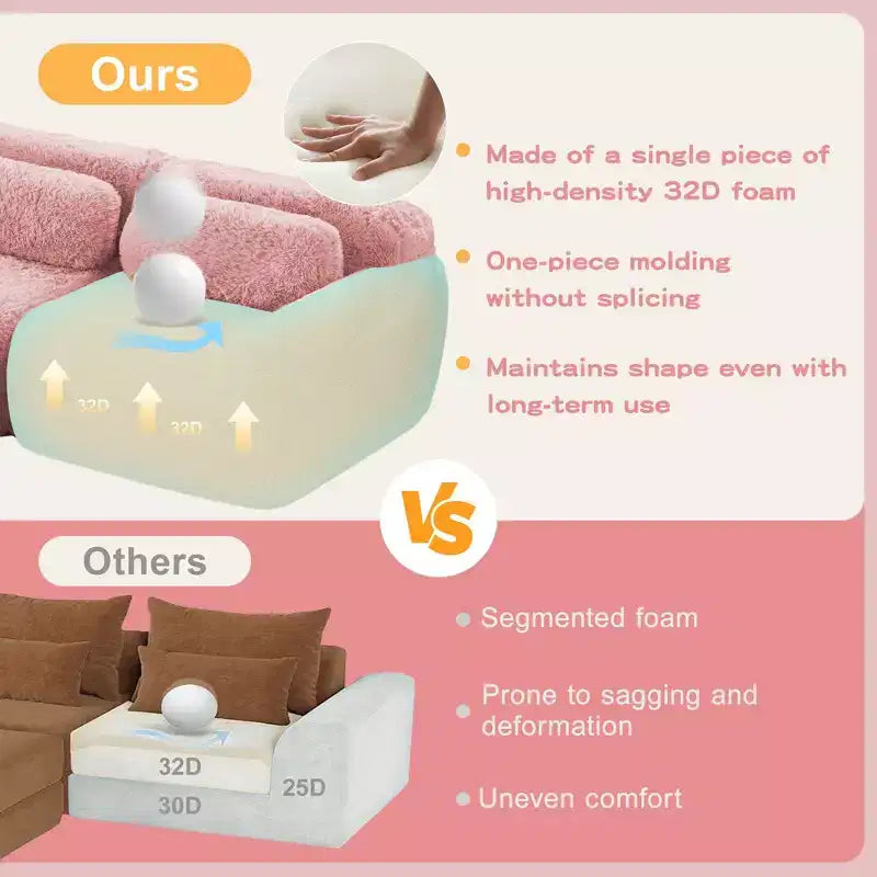 Divano componibile in tessuto felpato color kaki chiaro da 80,3 pollici con cuscini decorativi e 2 pouf, spugna ad alta densità 32D