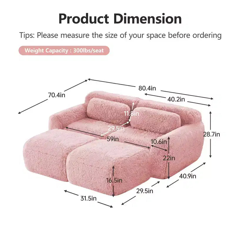 Divano componibile in tessuto felpato color kaki chiaro da 80,3 pollici con cuscini decorativi e 2 pouf, spugna ad alta densità 32D