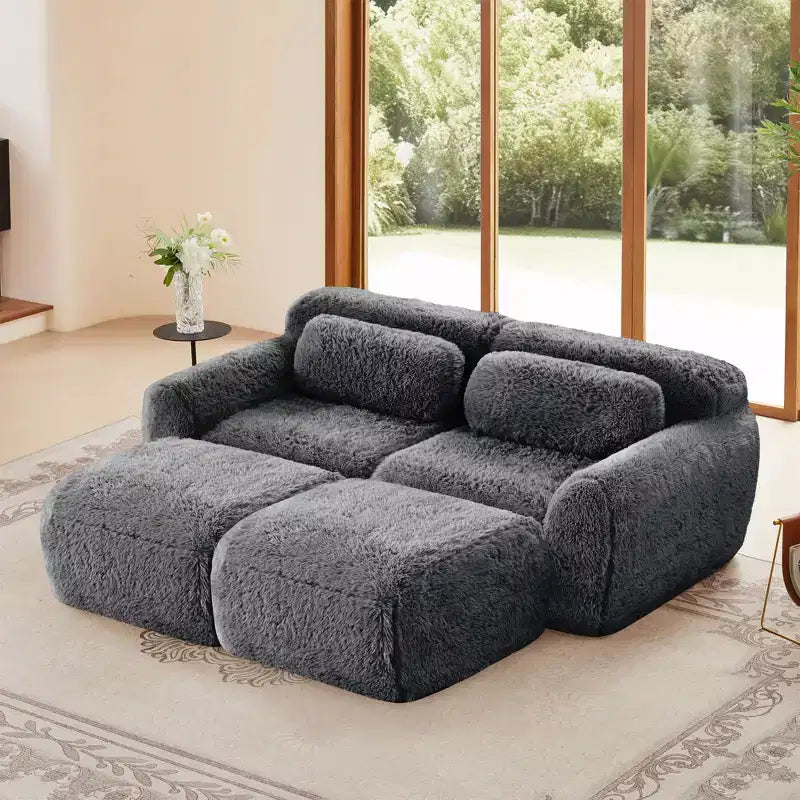 Divano componibile in tessuto morbido color kaki chiaro da 80.3 pollici, con cuscini decorativi e 2 pouf, spugna ad alta densità 32D