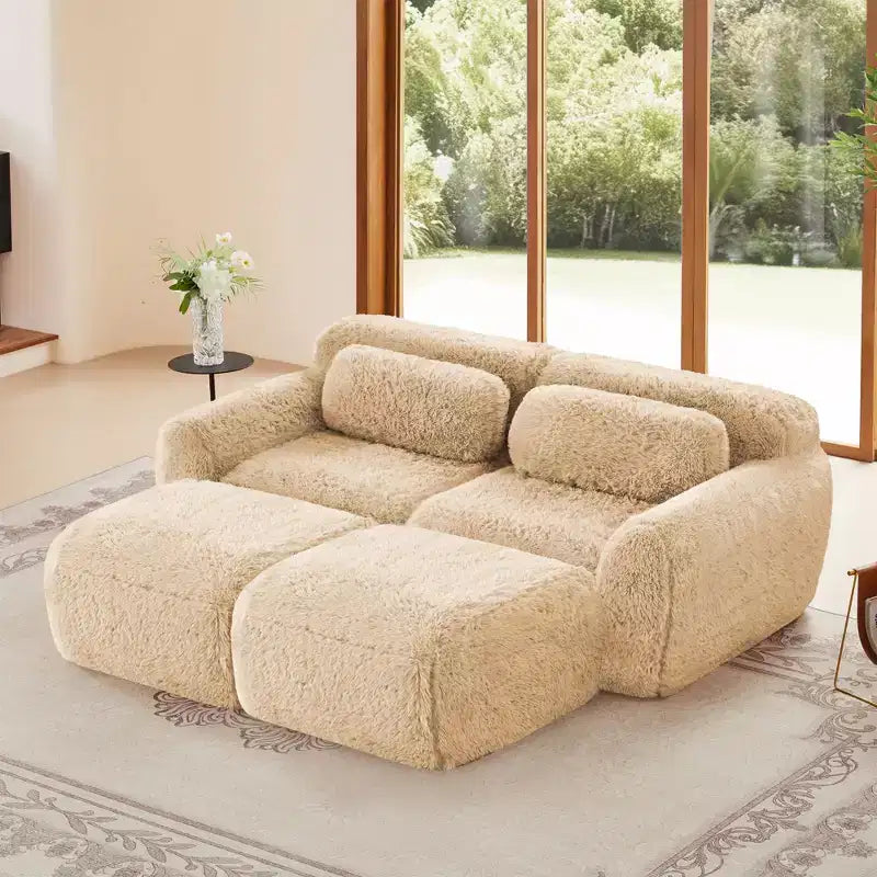 80.3 inch Light Khaki Plush Fabric Sectional Sofa with Throw Pillows and 2 Ottomans 32D High Density Sponge
