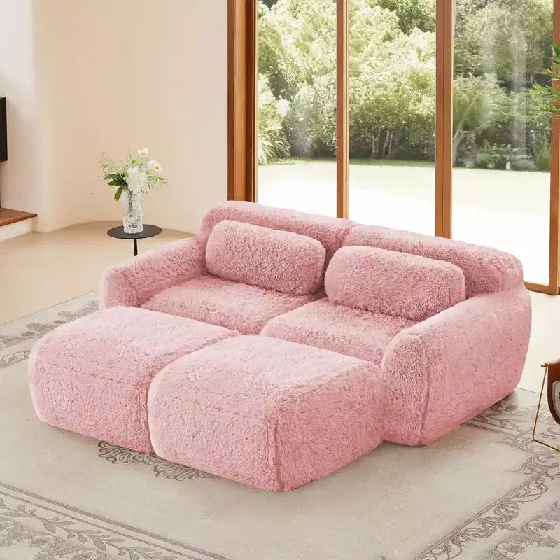 Divano componibile in tessuto morbido color kaki chiaro da 80.3 pollici, con cuscini decorativi e 2 pouf, spugna ad alta densità 32D