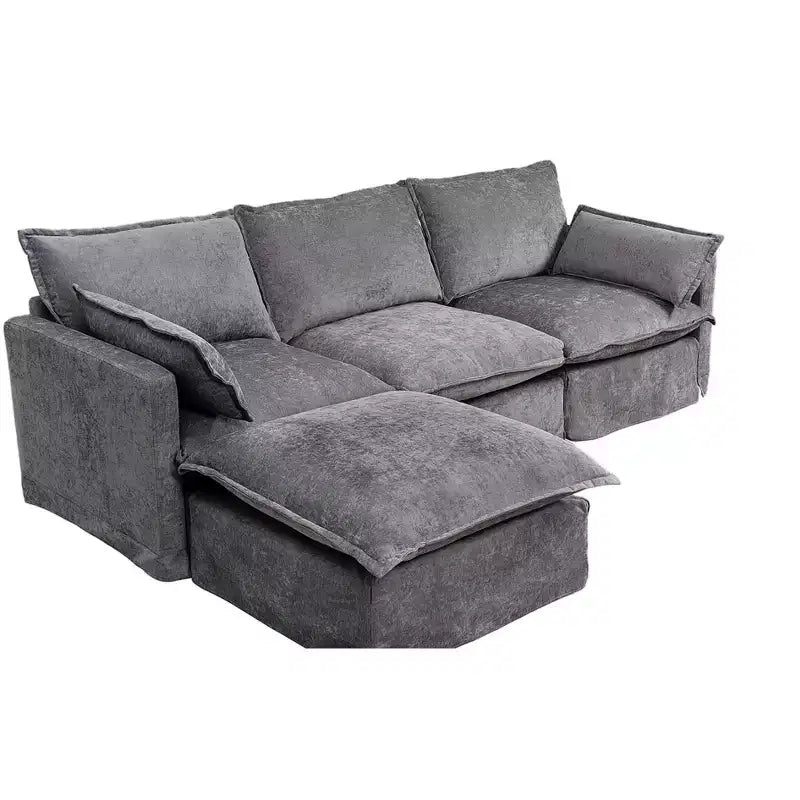 Divano a 4 posti a L moderno GDFStudio Sewell in simil lino con pouf mobile