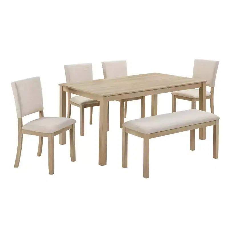 Set da pranzo moderno in legno da 6 pezzi con panca e 4 sedie imbottite, set tavolo da cucina rettangolare moderno per sala da pranzo - Panipeachy