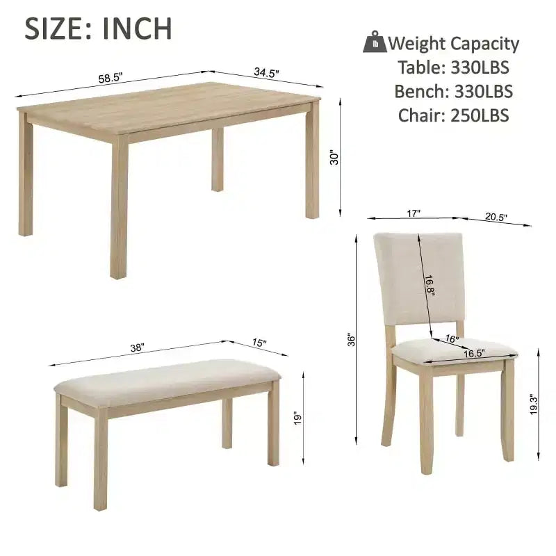 Set da pranzo moderno in legno da 6 pezzi con panca e 4 sedie imbottite, set tavolo da cucina rettangolare moderno per sala da pranzo - Panipeachy