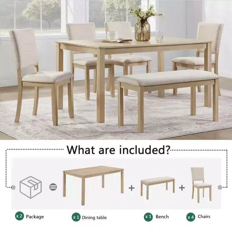 Set da pranzo moderno in legno da 6 pezzi con panca e 4 sedie imbottite, set tavolo da cucina rettangolare moderno per sala da pranzo - Panipeachy