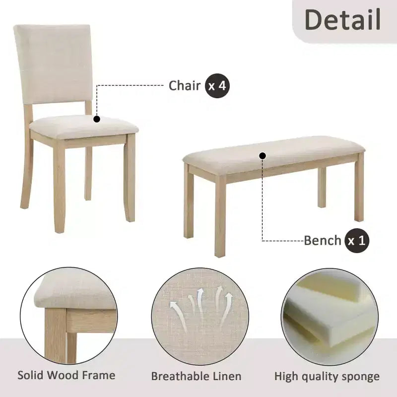 Set da pranzo moderno in legno da 6 pezzi con panca e 4 sedie imbottite, set tavolo da cucina rettangolare moderno per sala da pranzo - Panipeachy