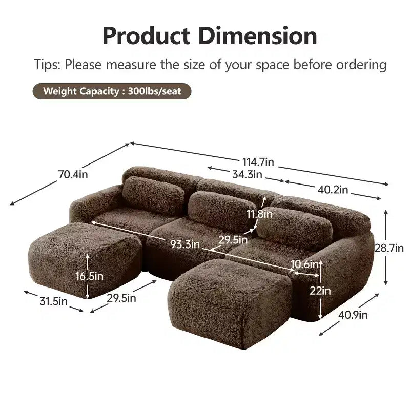 Divano sezionale modulare con 2 pouf, divano letto sezionale con seduta profonda, divano sezionale moderno di piccole dimensioni per soggiorno e camera da letto-Panipeachy