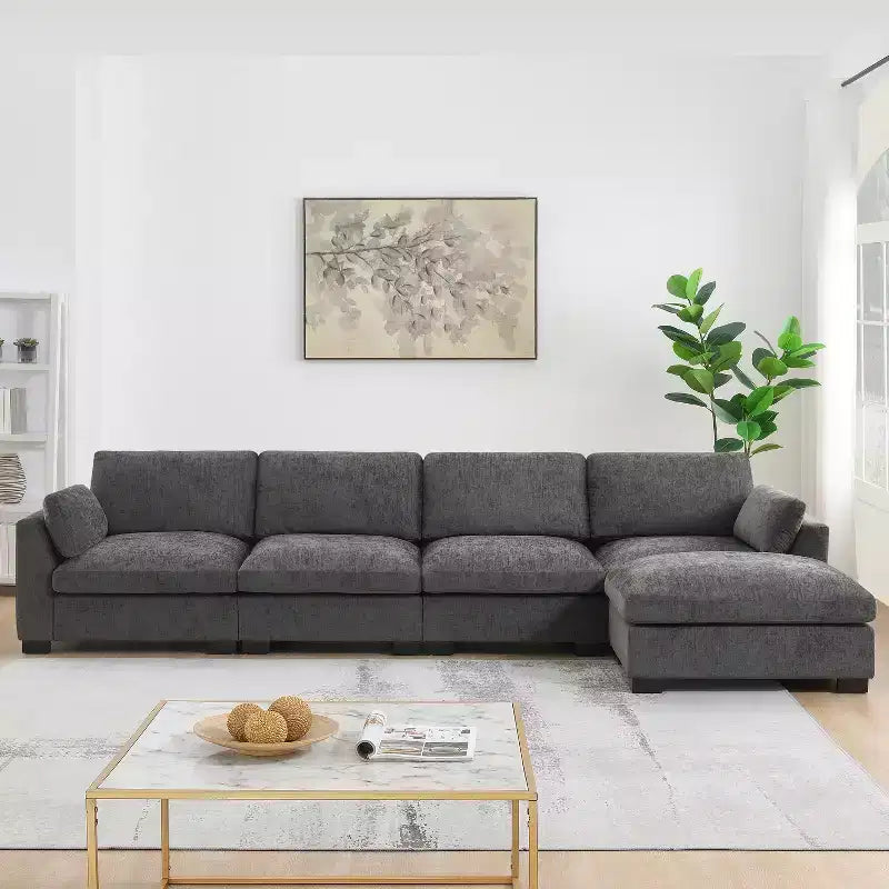 Sofá modular seccional em L Lucas Modern da GDFStudio, de 130, em chenille, com otomano, CARREGAMENTO DE PORTA DUPLA e mesa rebatível
