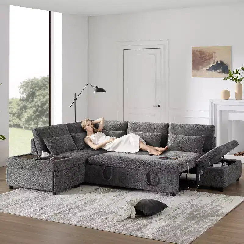 Sofá seccional extraível moderno em L de chenille GDFStudio Nathan de 107, com pufe de arrumação e consola com apoio de braço ajustável e portas de carregamento