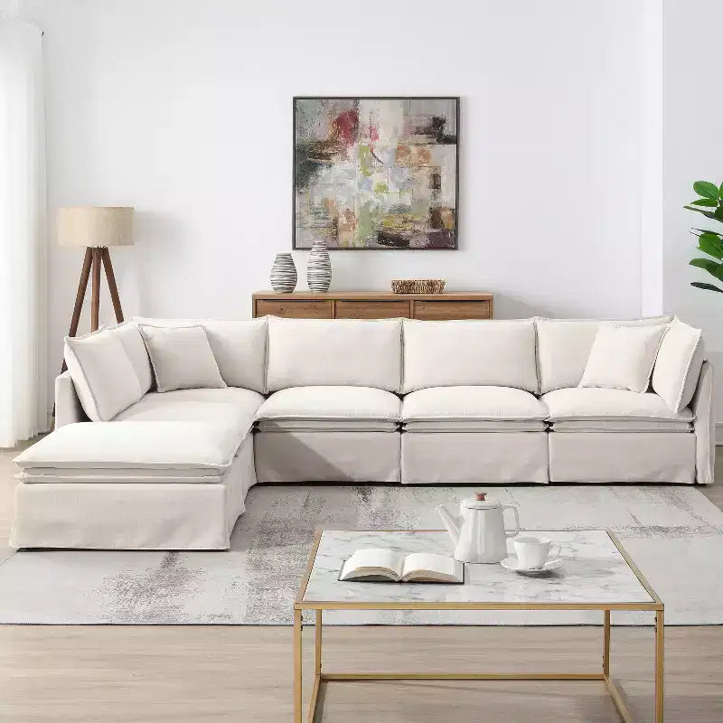 Sofá modular de canto em L extragrande GDFStudio Nelson Modern 125.5, em chenille, com pufe amovível
