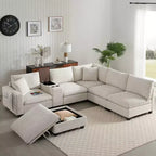 Divano modulare a U GDFStudio Logan Modern 140 in velluto a coste con pouf contenitore mobile, console e ricarica USB