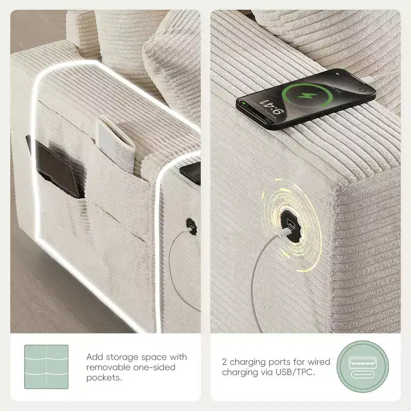 Divano modulare a U GDFStudio Logan Modern 140 in velluto a coste con pouf contenitore mobile, console e ricarica USB