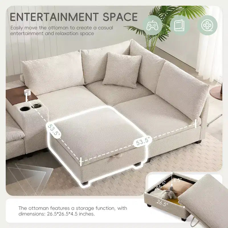 Divano modulare a U GDFStudio Logan Modern 140 in velluto a coste con pouf contenitore mobile, console e ricarica USB