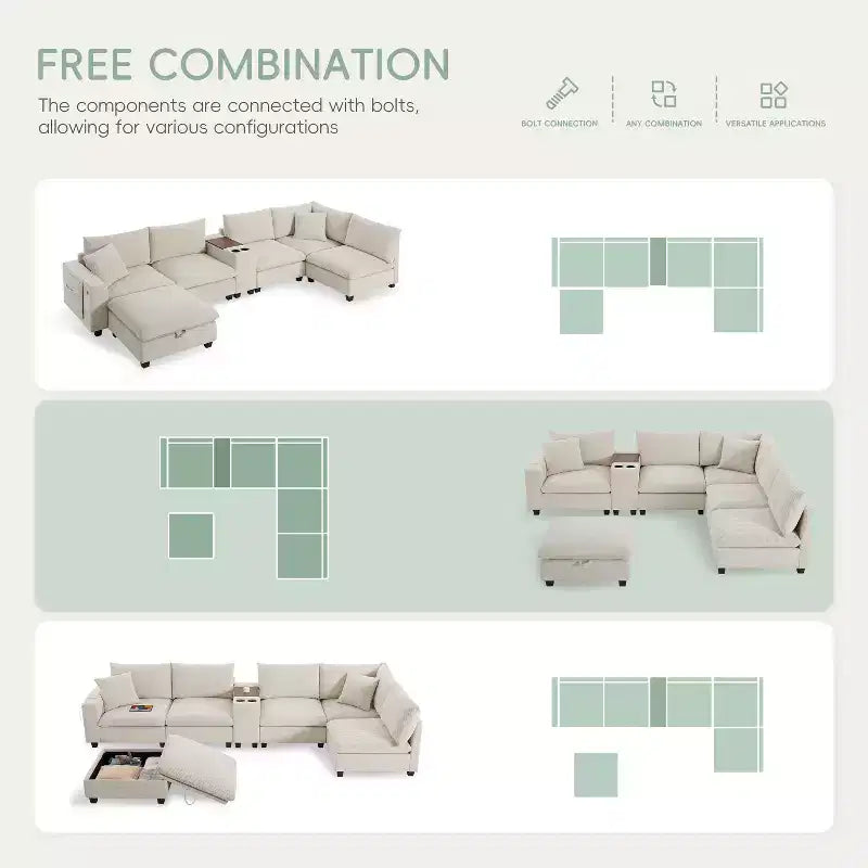 Divano modulare a U GDFStudio Logan Modern 140 in velluto a coste con pouf contenitore mobile, console e ricarica USB