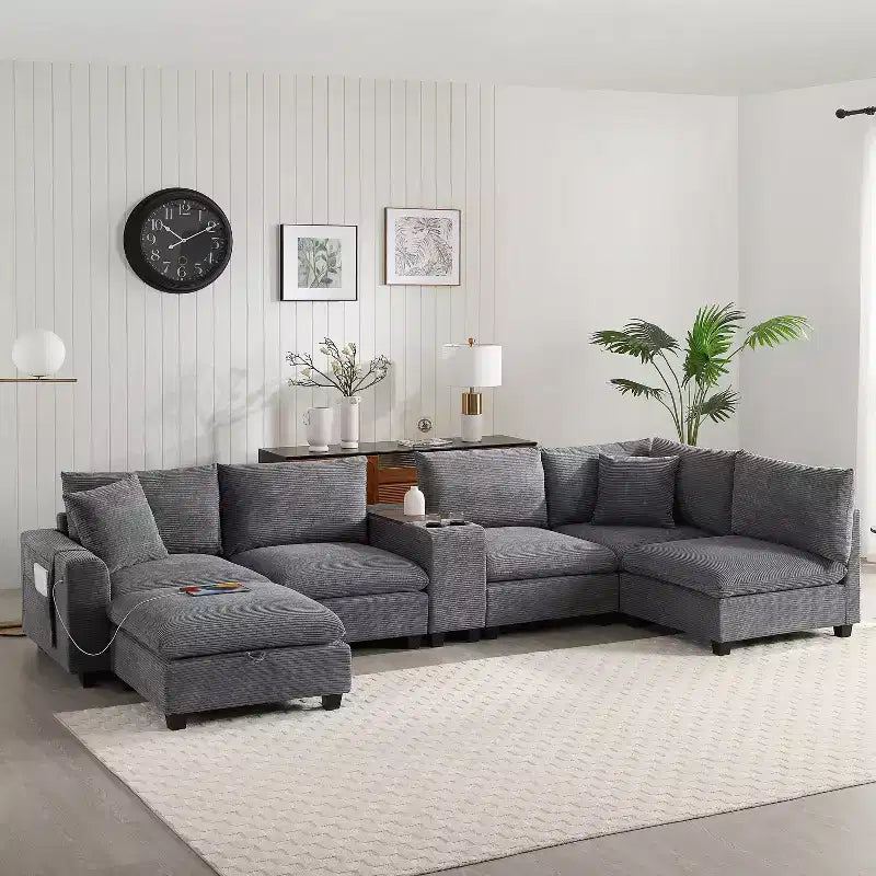 Divano modulare a U GDFStudio Logan Modern 140 in velluto a coste con pouf contenitore mobile, console e ricarica USB