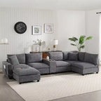 Divano modulare a U GDFStudio Logan Modern 140 in velluto a coste con pouf contenitore mobile, console e ricarica USB