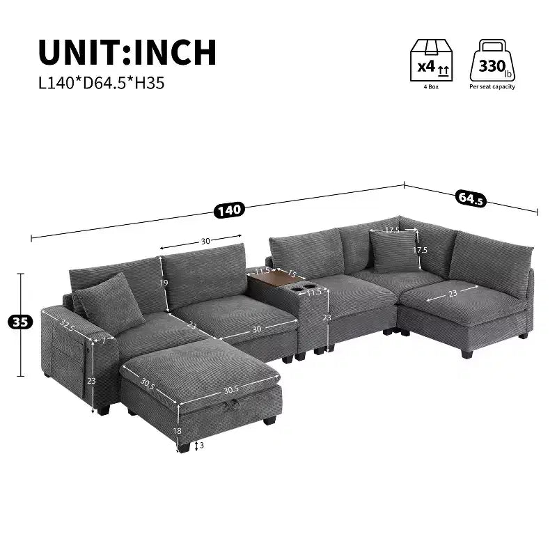 Divano modulare a U GDFStudio Logan Modern 140 in velluto a coste con pouf contenitore mobile, console e ricarica USB