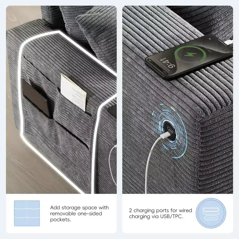 Divano modulare a U GDFStudio Logan Modern 140 in velluto a coste con pouf contenitore mobile, console e ricarica USB