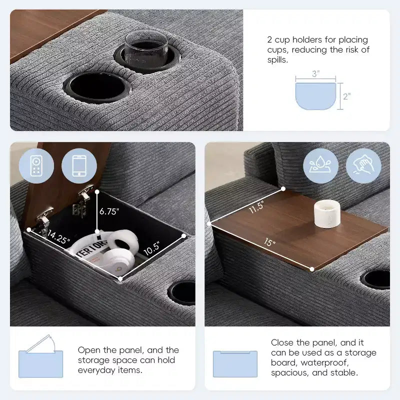 Divano modulare a U GDFStudio Logan Modern 140 in velluto a coste con pouf contenitore mobile, console e ricarica USB