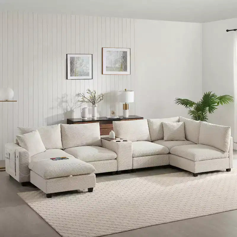 Divano modulare a U GDFStudio Logan Modern 140 in velluto a coste con pouf contenitore mobile, console e ricarica USB